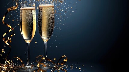 Stylish New Year's Eve background featuring champagne glasses, streamers, and golden lights over a dark blue gradient. Perfect for party invitations and holiday banners.