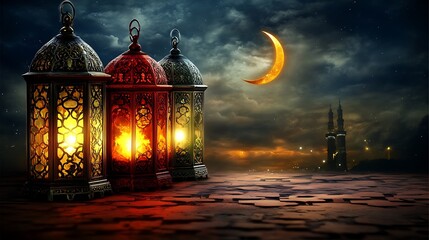 Fototapeta premium Illuminated Lanterns Under Night Sky Crescent Moon Cityscape