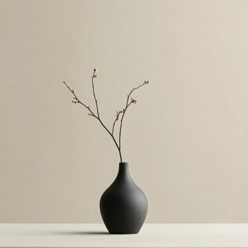 Minimalist Black Vase with Delicate Branches on a Simple Surface against a Soft Neutral Background Capturing the Essence of Modern Interior Design