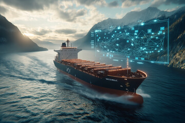 Futuristic cargo ship navigating serene waters with AI technology