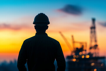 Fototapeta premium Industrial engineer observing sunset at construction site