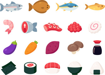 Japanese food ingredients cartoon icon set. Fish and seafood, vegetables, sushi and rice dishes, cute simple vector illustrations.