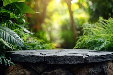 Stone podium table top floor in outdoors tropical garden forest blurred green leaf plant nature background