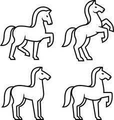 Stylized horse icon set, four horses in different poses. Vector illustration, emblem or logo design element.