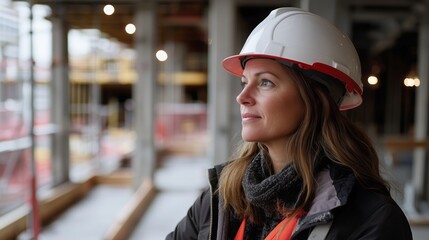 A female manager of a building site, wearing a hard hat, is in charge of the job.