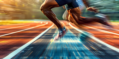 Sprinters racing on an athletics track, Dynamic action shot of runners in a competitive sprint

