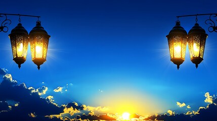 Obraz premium Illuminated Lanterns at Sunset Against a Vivid Blue Sky