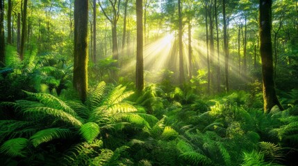 Obraz premium Sun rays breaking through the canopy of a lush green forest, illuminating the ferns on the forest floor.