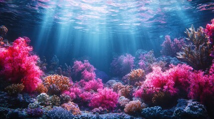 Fototapeta premium A glowing underwater scene with gradient waves of light flowing through coral reefs and vibrant marine life. The surreal lighting adds depth and motion to the tranquil aquatic world. A magical 