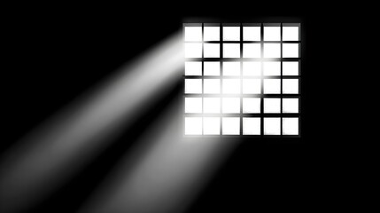 Sunlight Streaming Through a Square Gridded Window with Rays of Light Illuminating Dark Space, Creating a Dramatic Contrast of Light and Shadow