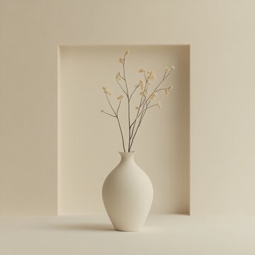 Minimalist Still Life with White Vase and Dried Flowers in Neutral Toned Background Emphasizing Simplicity and Elegance for Home Decor Concepts