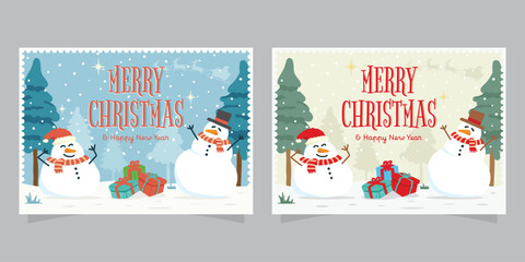 Two Merry Christmas and Happy New Year Greetings Card with Two Snowmen