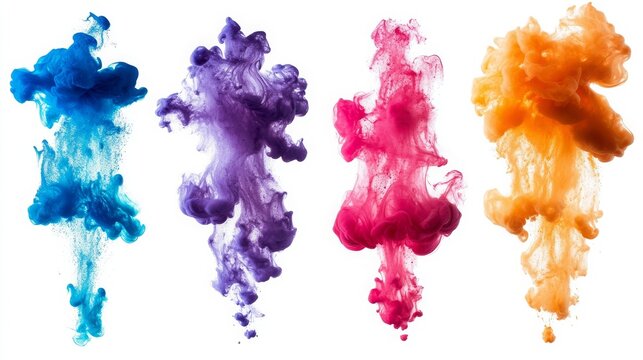 Vibrant Abstract Ink Smoke Art with Blue, Purple, Pink, and Orange Colors Creating Dynamic Fluid Patterns on a White Background for Artistic Visual Projects