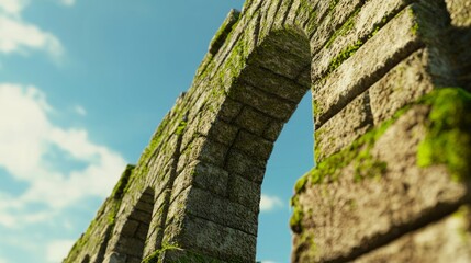 Obraz premium Timeless Resilience: Close-up of Weathered Roman Aqueduct Stone Bricks with Moss Against Vibrant Sky
