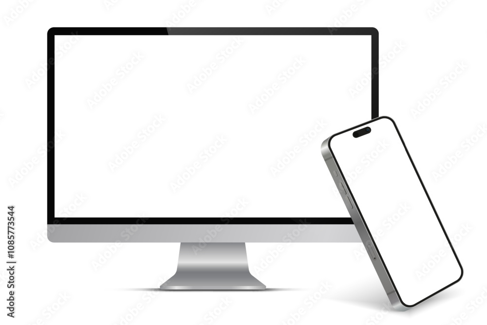 Poster Modern laptop mockup front view and high quality smartphone and tablet mockup isolated on white background. Notebook mockup and phone device mockup for ui ux app and website presentation.Stock Vector.