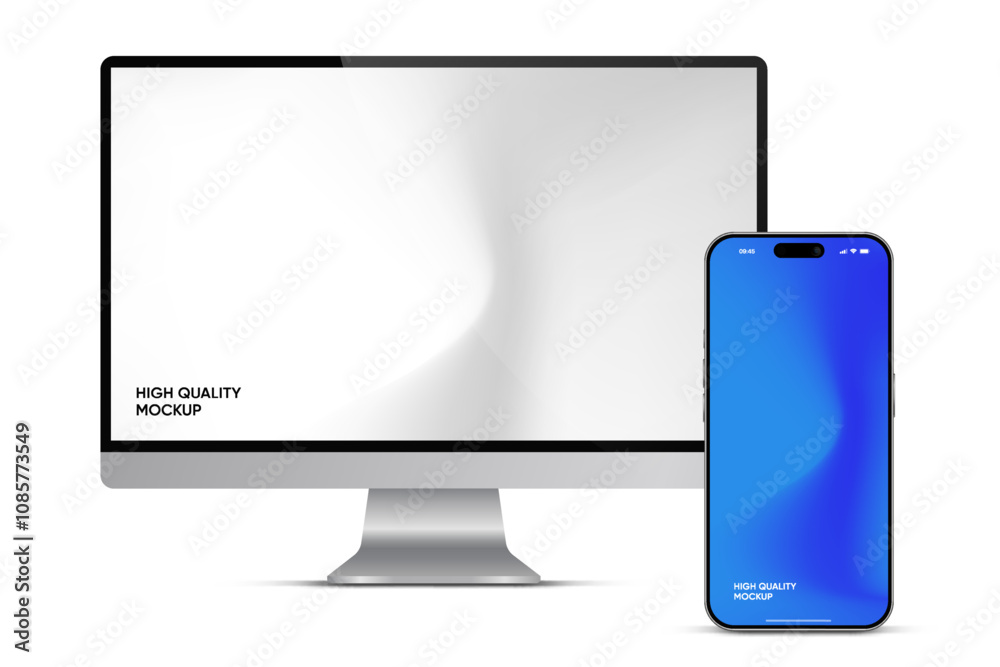 Poster Modern laptop mockup front view and high quality smartphone and tablet mockup isolated on white background. Notebook mockup and phone device mockup for ui ux app and website presentation.Stock Vector.