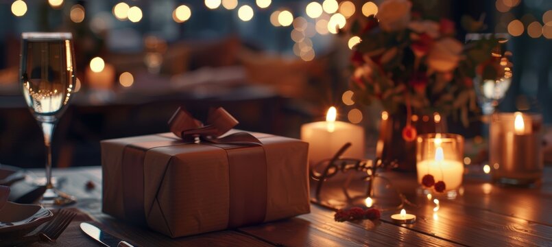 Elegant Birthday Dinner Setup with Wrapped Gift and Candles in Cozy Restaurant Ambiance