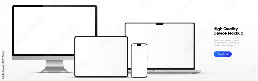 Poster Modern laptop mockup front view and high quality smartphone and tablet mockup isolated on white background. Notebook mockup and phone device mockup for ui ux app and website presentation.Stock Vector.