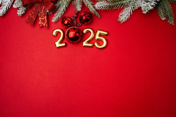 Christmas and Happy New year 2025 with gold glitter decorations on red bright background. Holiday...