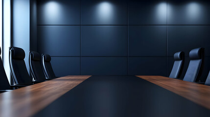 Modern conference room with sleek design, featuring dark walls and wooden table. Perfect for corporate events.
