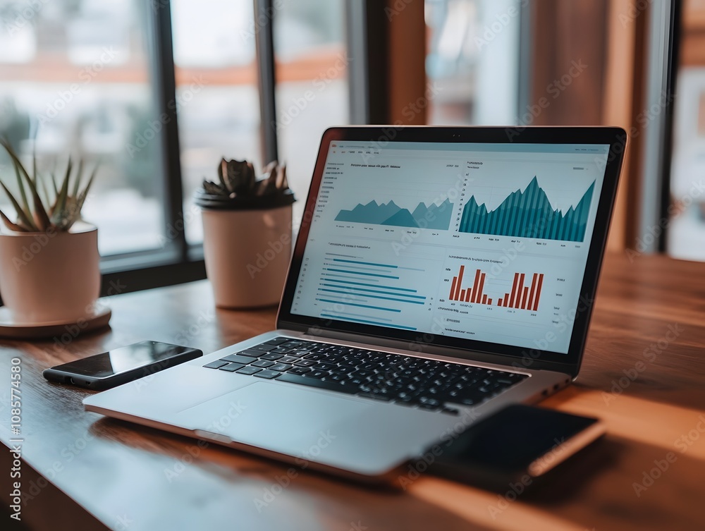 Aufkleber modern workspace with laptop displaying data analytics, graphs, charts, and statistics on wooden des