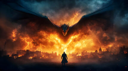 Fototapeta premium A mythical scene featuring a colossal dragon emerging from fiery landscapes, showcasing fantasy elements and heroism.