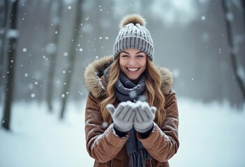 Fototapeta premium A young woman laughing and standing oustide in the snow catching snowflakes in hands wearing gloves, winter snowing cold happy holidays white Christmas