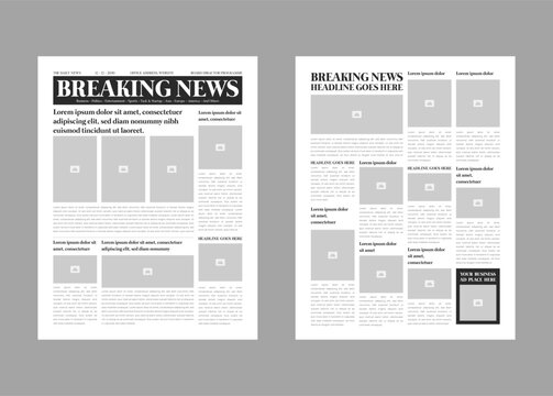 Newspaper design template. The daily newspaper or breaking news with text and picture placeholder editable template.