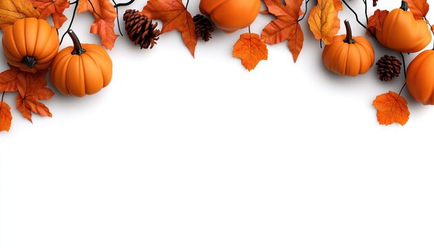 Autumn scene with pumpkins, colorful leaves, and pinecones on a white background.