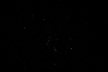 The actual constellation Orion in the night sky. The constellation Orion consists of the famous supermassive stars Betelgeuse, Rigel, and Bellatrix.