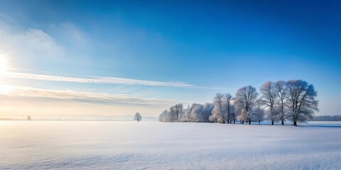 Obraz premium Serene winter landscape frost-covered trees stand silhouetted against a clear blue sky, in a snow-covered field at sunrise