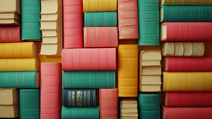 Colorful Vintage Books Stacked on a Shelf in Abstract Arrangement