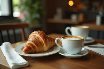 Сup of coffee and croissant on a wooden table in a coffee shop.