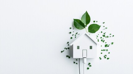 Energy Efficiency Icon: A house silhouette with a green leaf on top and a power plug connected to it, symbolizing energy efficient homes and sustainable living.