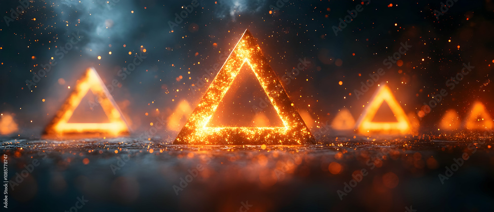 Poster an abstract illustration of glowing triangles, creating a mesmerizing visual effect in a dark atmosp