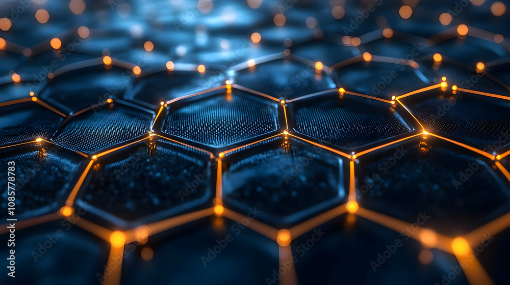 Poster a close-up view of a hexagonal pattern illuminated by glowing orange lights, creating a futuristic e