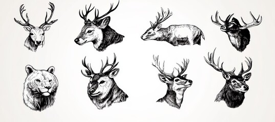 Fototapeta premium Black and White Ink Illustration of a Deer and Bear Head - Nature's Royalty