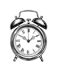 Black and White Illustration of an Alarm Clock with Roman Numerals on a White Background - Time Management Concept