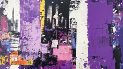 Fototapeta premium Abstract Cityscape in Purple, Black, and White A Collage of Urban Textures and Hues