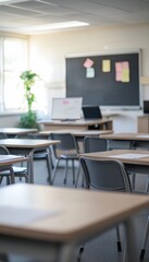 Bright and tidy high school classroom with desks, laptop, and modern chalkboard setup