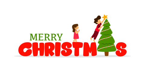 Festive Christmas illustration with 'Merry Christmas' text, featuring a person decorating a Christmas tree with a star and a child watching in joy. Ideal for cards, social media, and holiday mark.