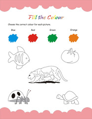 Colorful objects worksheet. Learning basic colors for preschoolers. Flashcard with red, green, orange, blue, yellow, purple, brown colors.