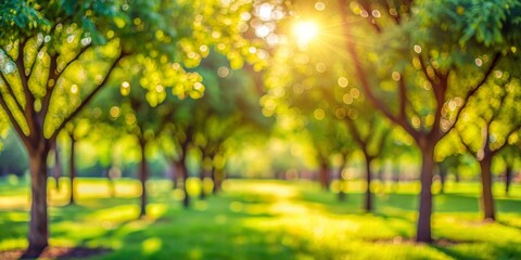 Obraz premium Golden Sunlight Through Green Trees, Blurred Bokeh, Forest, Nature, Summer , bokeh, nature photography