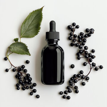 Black dropper bottle with elderberries and green leaves