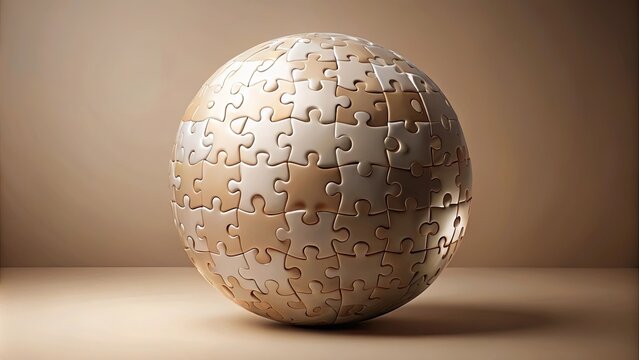 A spherical puzzle, composed of interlocking pieces, rests on a neutral background, representing the concept of unity and interconnectedness.