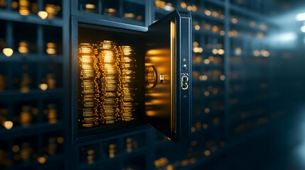 A high-security vault showcasing stacked gold bars, illuminated for an impressive financial display.