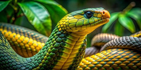 Fototapeta premium Green and Yellow Snake Closeup, Macro Photography, Snake Skin, Reptile, Wildlife, snake, reptile