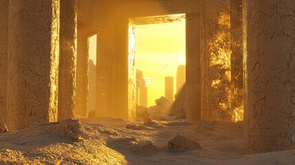 Mystical Sunrise at Enigmatic Roman Temple: 3D Render with Dramatic Light and Spiritual Aura