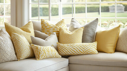 Focus on a couch or sectional with a variety of light yellow accent pillows mixed with other complementary colors like soft beige, off-white, or light grey