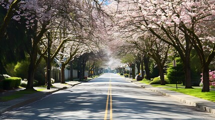Fototapeta premium Tree-Lined Road Covered in Pink and White Blossoms Under Sunlight